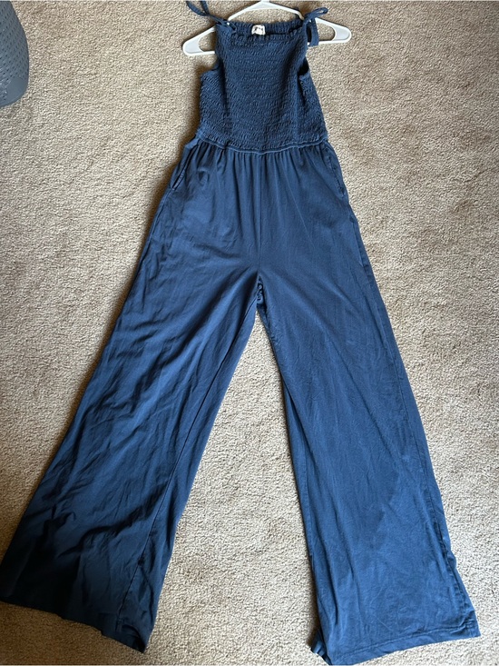 Pact Pants - Pact Navy Smocked Bodice Wide-Leg Jumpsuit with Tie Straps